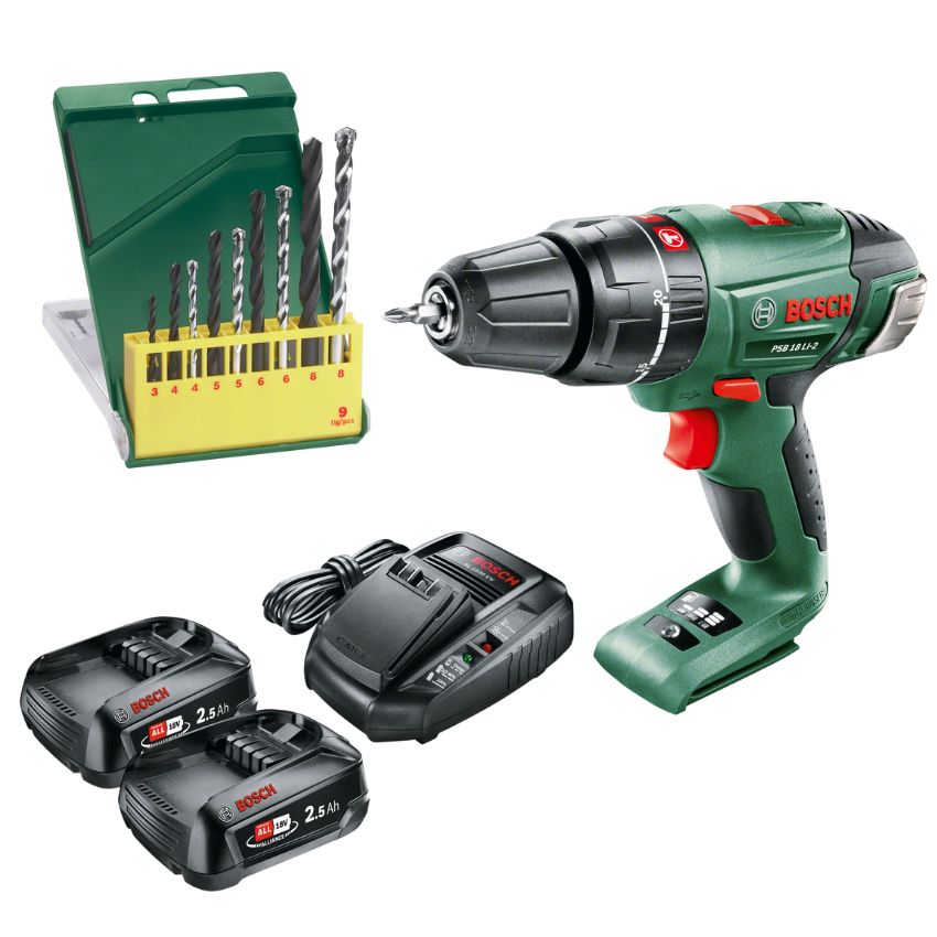 Bosch – Impact Drill with 2 x 2.5Ah Batteries, Charger & 9 Piece Drill Set