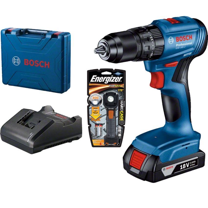 Bosch – Professional Cordless Drill (GSB 185-LI) & Energizer Light