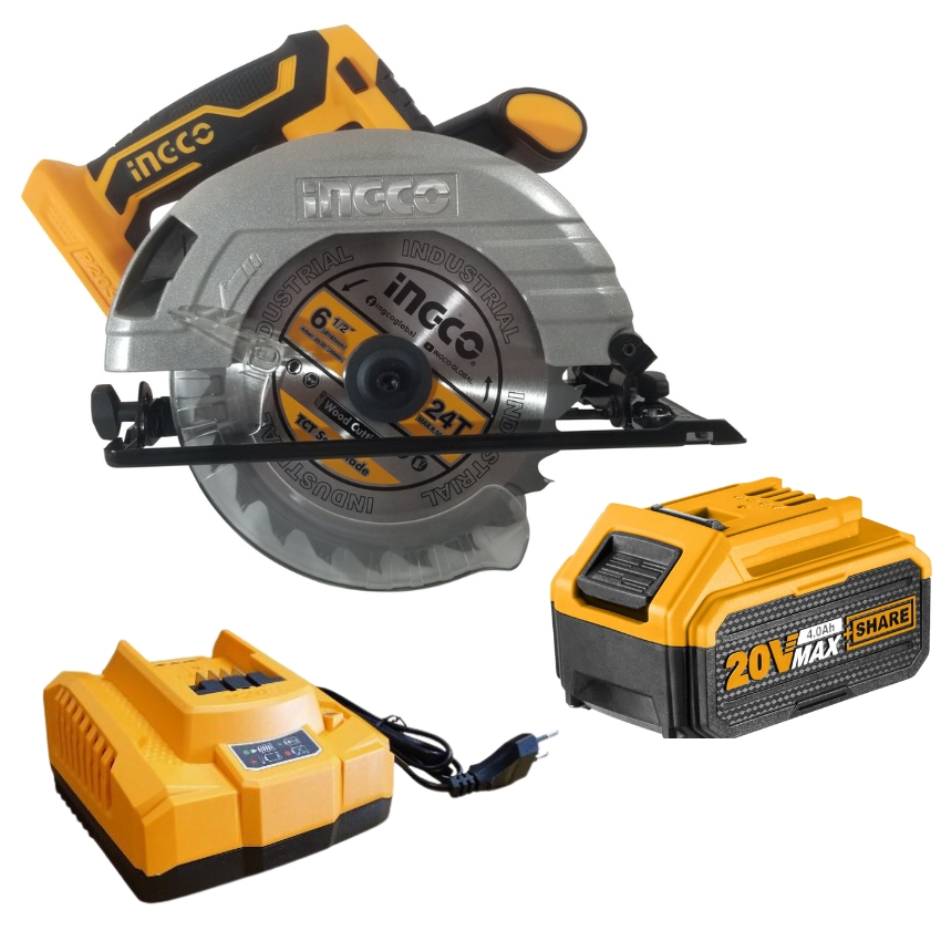 Ingco – Cordless Circular Saw – 20V (165mm Blade), 4.0AH Battery & Charger