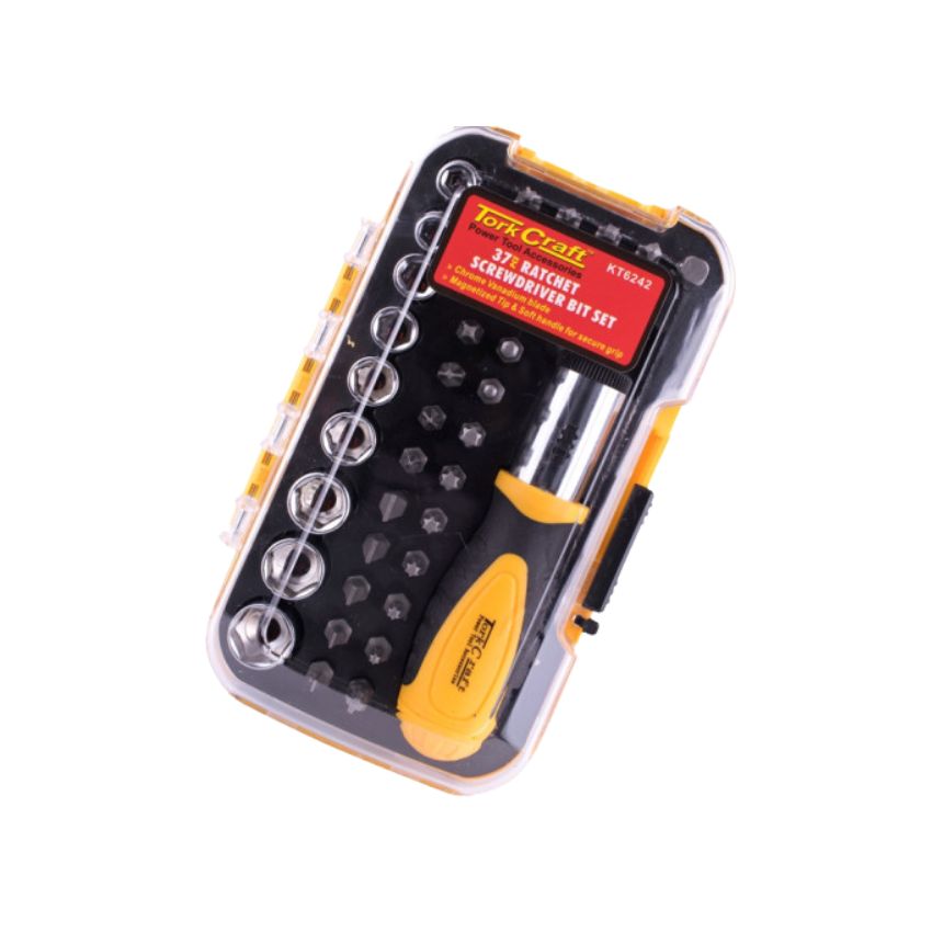 Tork Craft – 37 Piece Ratchet Screwdriver with Bits Set -Black/Yellow