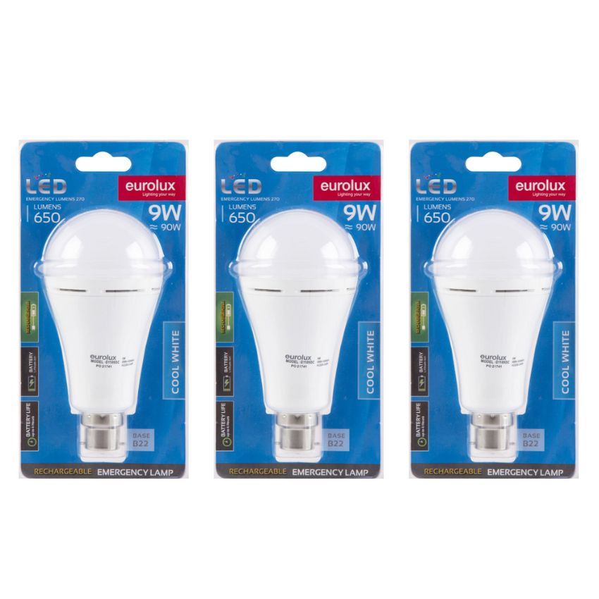 Eurolux – Rechargeable B22 LED Lamp 9W – Pack of 3
