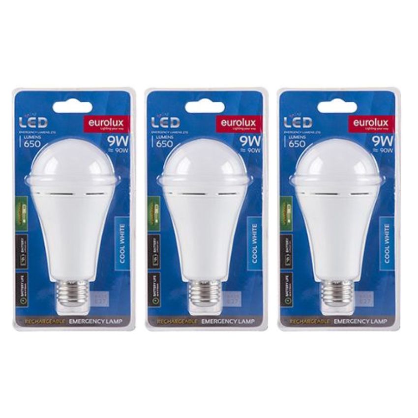 Eurolux – Rechargeable E27 LED 9w Blister Globe – Pack of 3