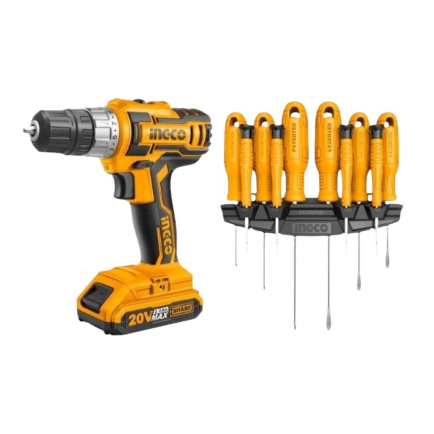 Ingco – Cordless Drill, Charger and Battery(20V) with Screwdriver Set 10 Piece
