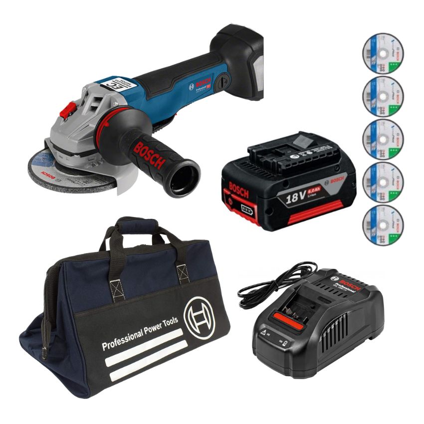 Bosch -Cordless Angle Grinder 1000W, Battery, Charger, Cutting Discs & Bag
