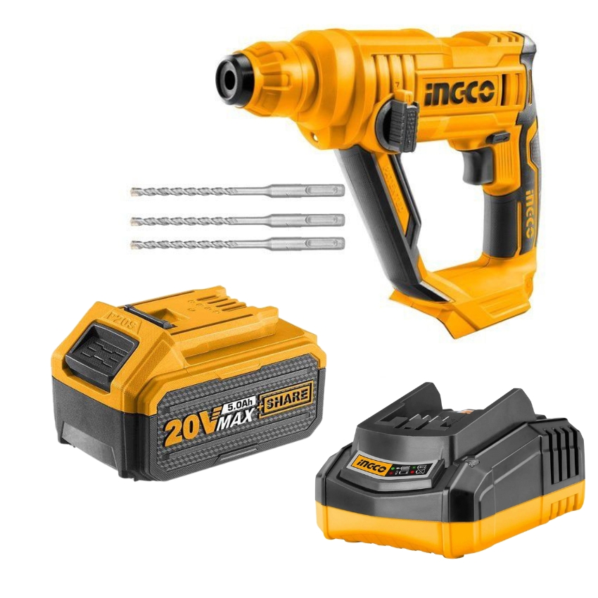 INGCO – Rotary Hammer Cordless 20V – with Charger + Battery Pack – 5.0AH