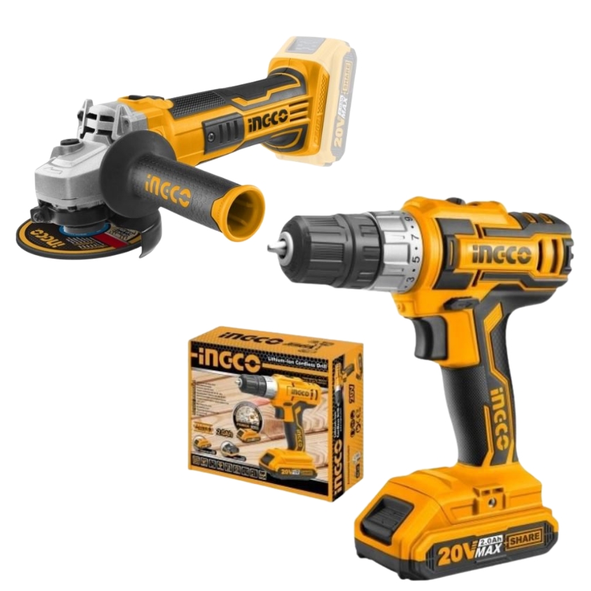 Ingco – Lithium-Ion Cordless Drill (20V) with Lithium-Ion Angle Grinder