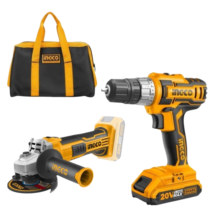 Ingco – Lithium-Ion Cordless Drill (20V) with Angle Grinder and Tool Bag