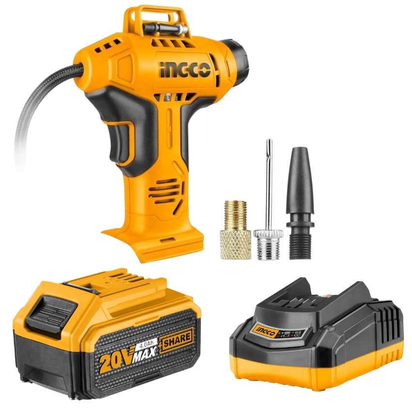 INGCO – Auto Air Compressor 20V with Charger & Battery Pack – (4.0AH)