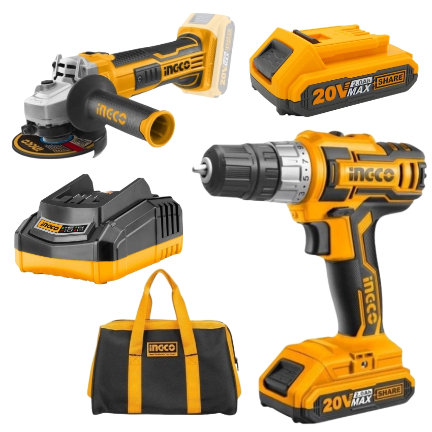 Ingco – Cordless Drill, Angle Grinder with Battery and Charger + Tool Bag