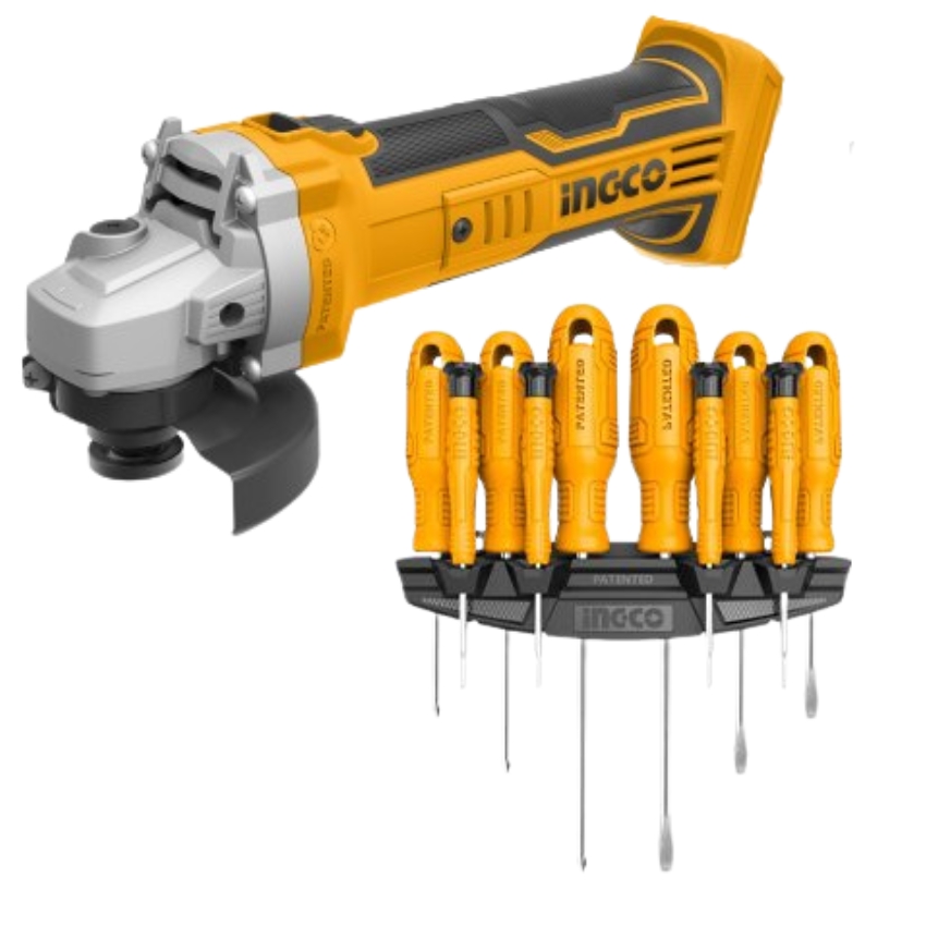 Ingco – Angle Grinder – (Cordless)-20V with Screwdriver Set 10 Piece