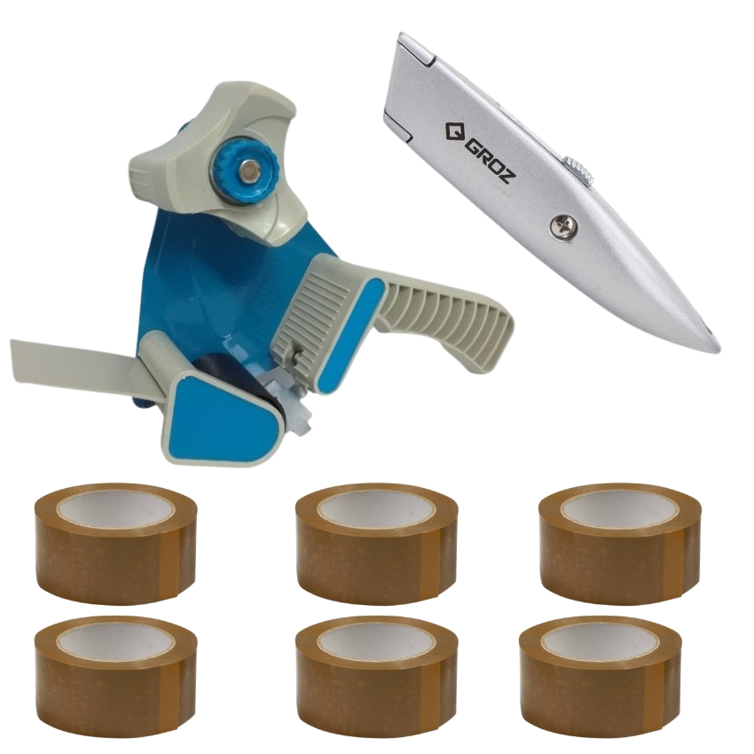 SourceDirect – Tape Dispenser with 50m Buff Tape (x6) and Utility Knife