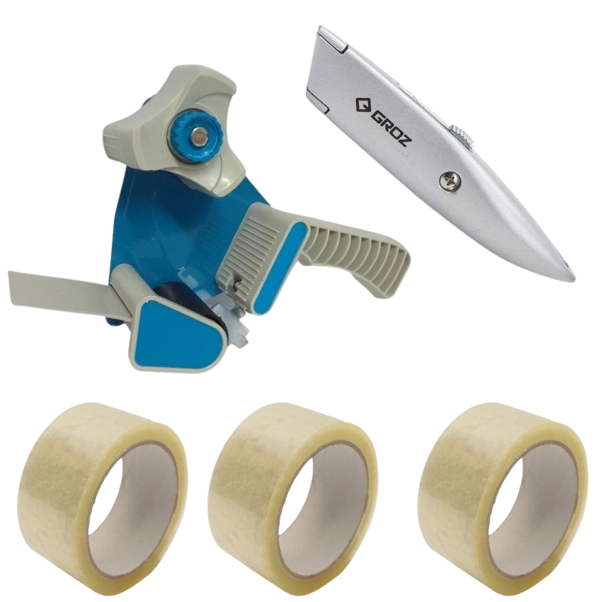 SourceDirect – Tape Dispenser with 50m Clear Tape (x3) and Utility Knife