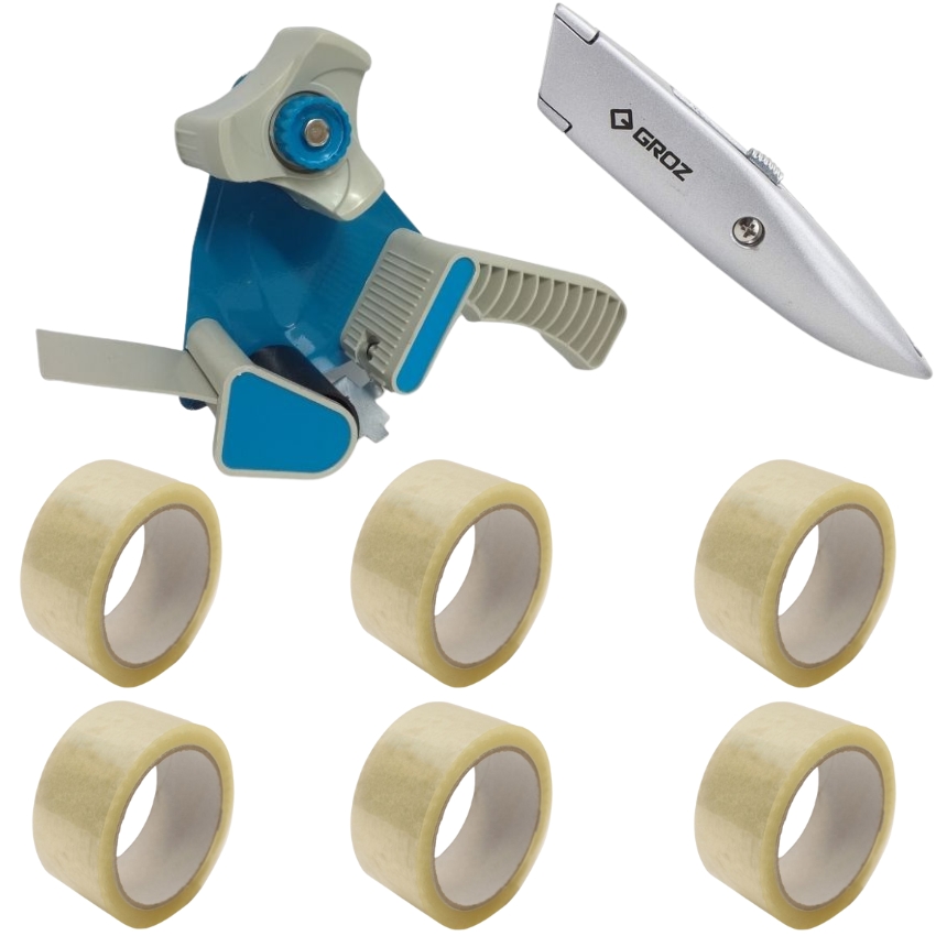 SourceDirect – Tape Dispenser with 50m Clear Tape (x6) and Utility Knife