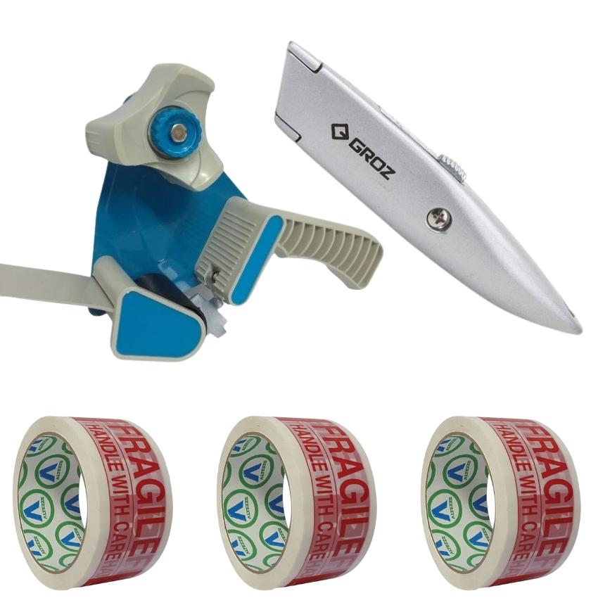 SourceDirect – Tape Dispenser with 50m Fragile Tape (x3) and Utility Knife