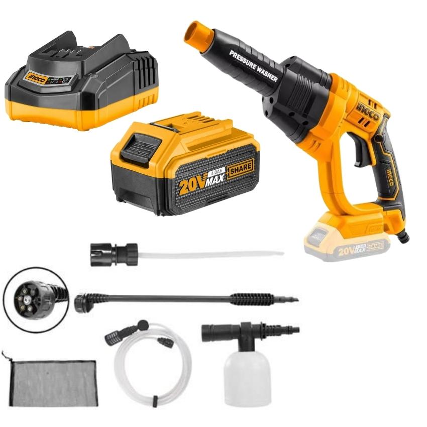 Ingco – Pressure Washer With Accessories and 4.0Ah Battery, Charger Combo
