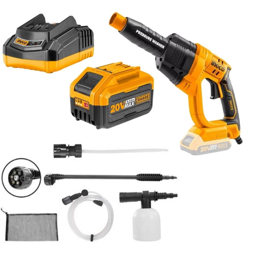 Ingco – Pressure Washer With Accessories and 6.0Ah Battery, Charger Combo