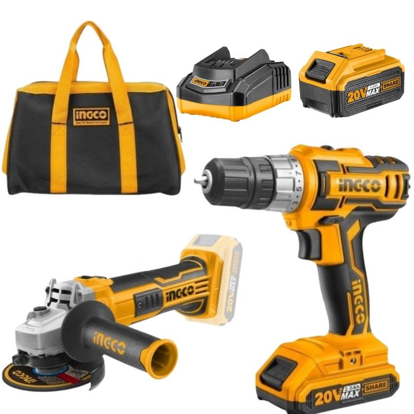 Ingco – Cordless Drill (20V) with Angle Grinder and Battery 4.0AH and Bag