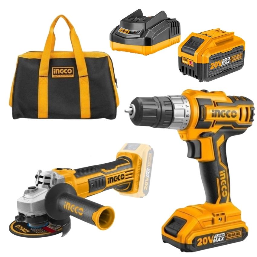 Ingco – Cordless Drill (20V) with Angle Grinder and Battery 6.0AH and Bag