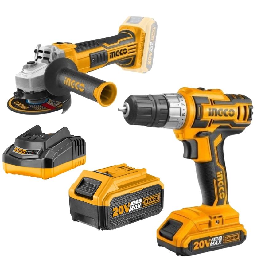 Ingco – Cordless Drill (20V) with Angle Grinder and Battery 4.0AH