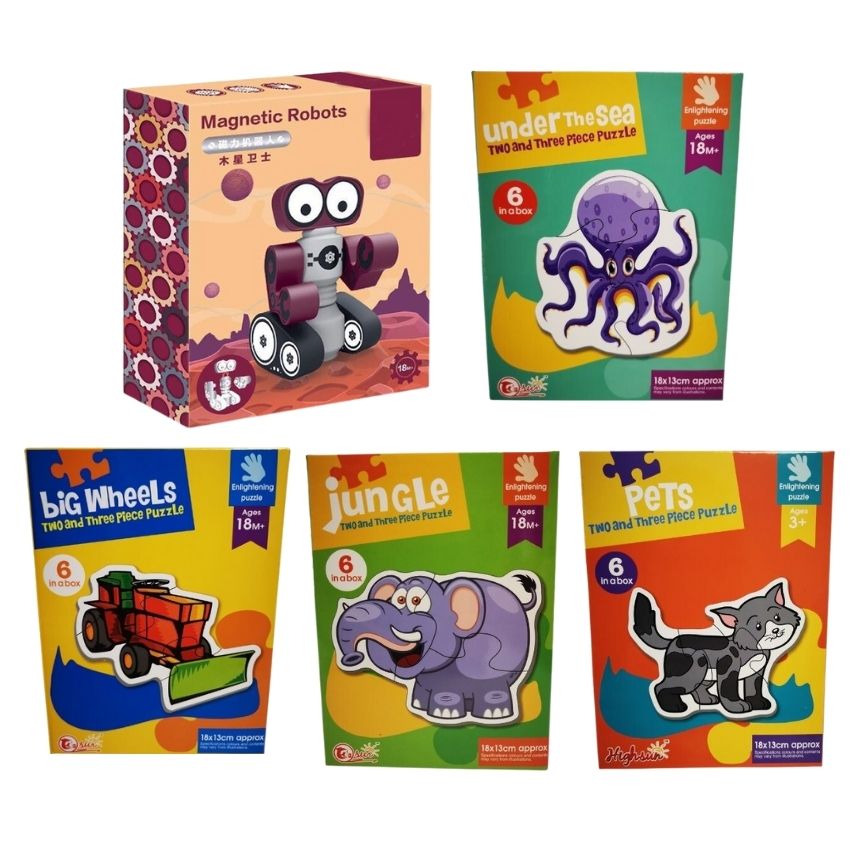 4 Puzzle Box Sets (6 in a Box) and Magnetic Building Robot