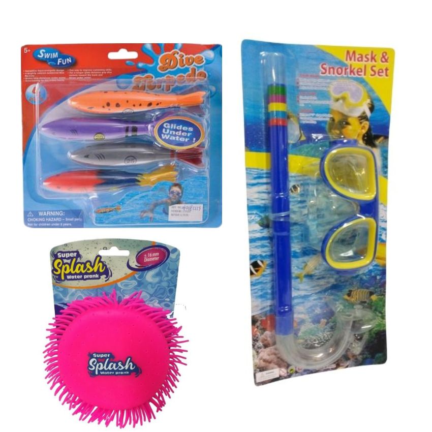 Mask and Snorkel Set – Blue, Dive Torpedo Toys & Water Splash Toy – Pink
