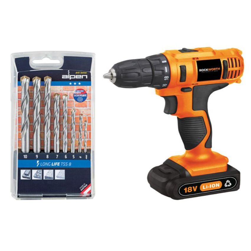 Rockworth – Cordless Drill Combo with Alpen 8 Piece Masonry Drill Bit Set
