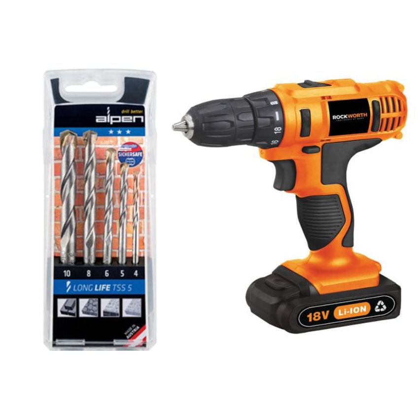 Rockworth – Cordless Drill Combo with Alpen 5 Piece Masonry Drill Bit Set