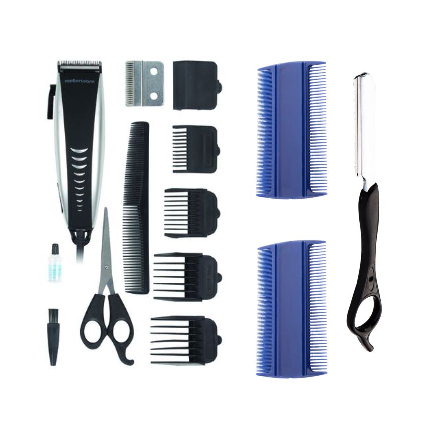 Mellerware – 12 Pce Hair Clipper, Fine Tooth Combs & Cut Throat Carrier