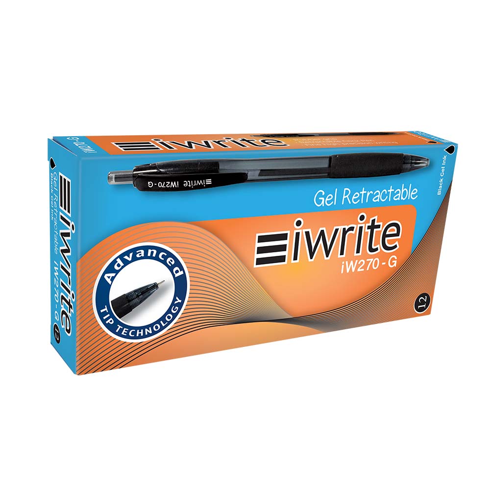 iWrite – Black Retractable Gel Pen with Rubber Grip (0.5 mm) , Box of 12