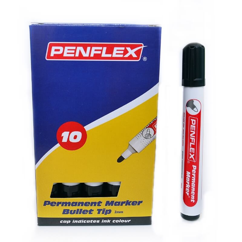 Penflex – Black Permanent Markers , Box of 10