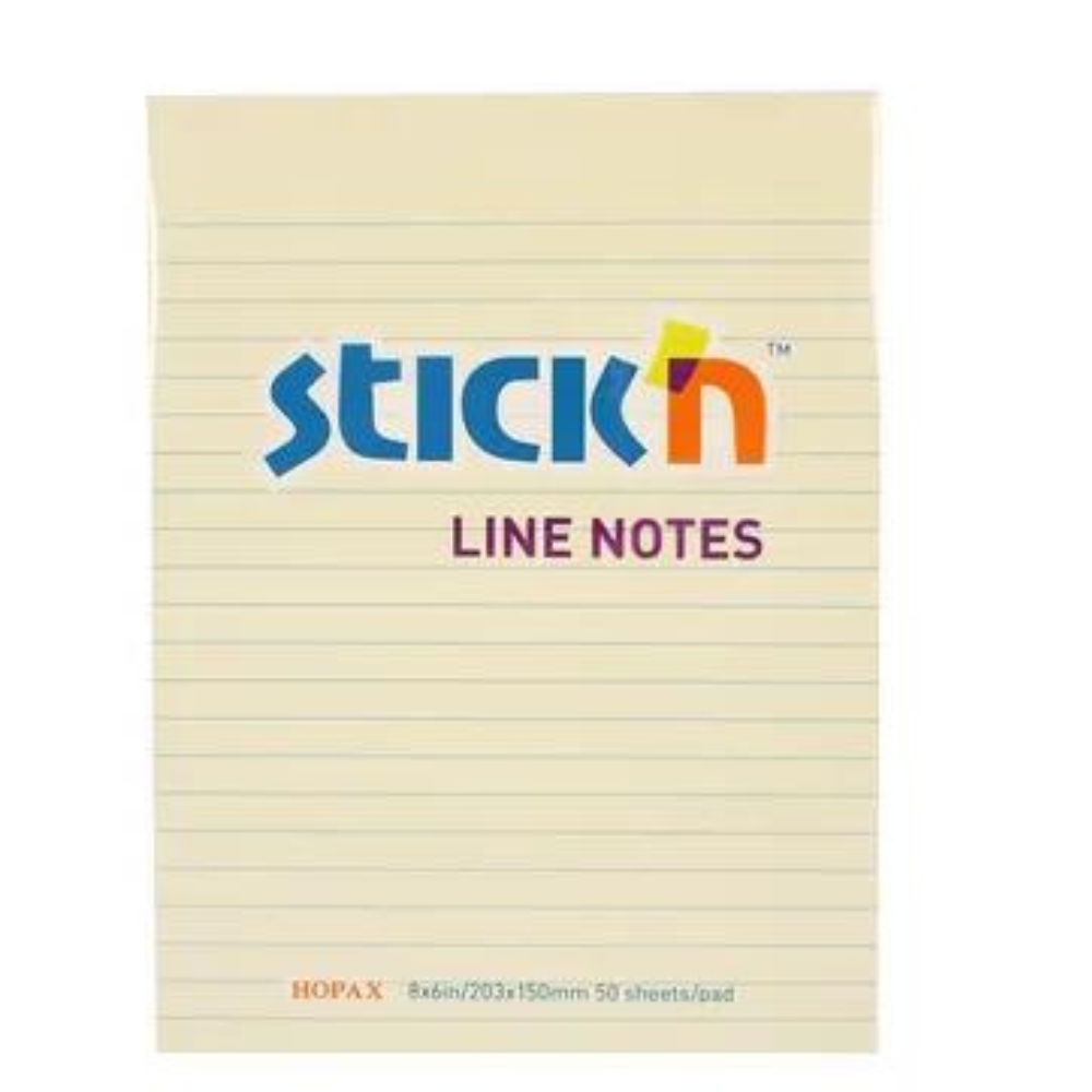 Stick’n – Notepad Lined Yellow Sticky Note Pad (203mm x 150mm) , 50 Sheets