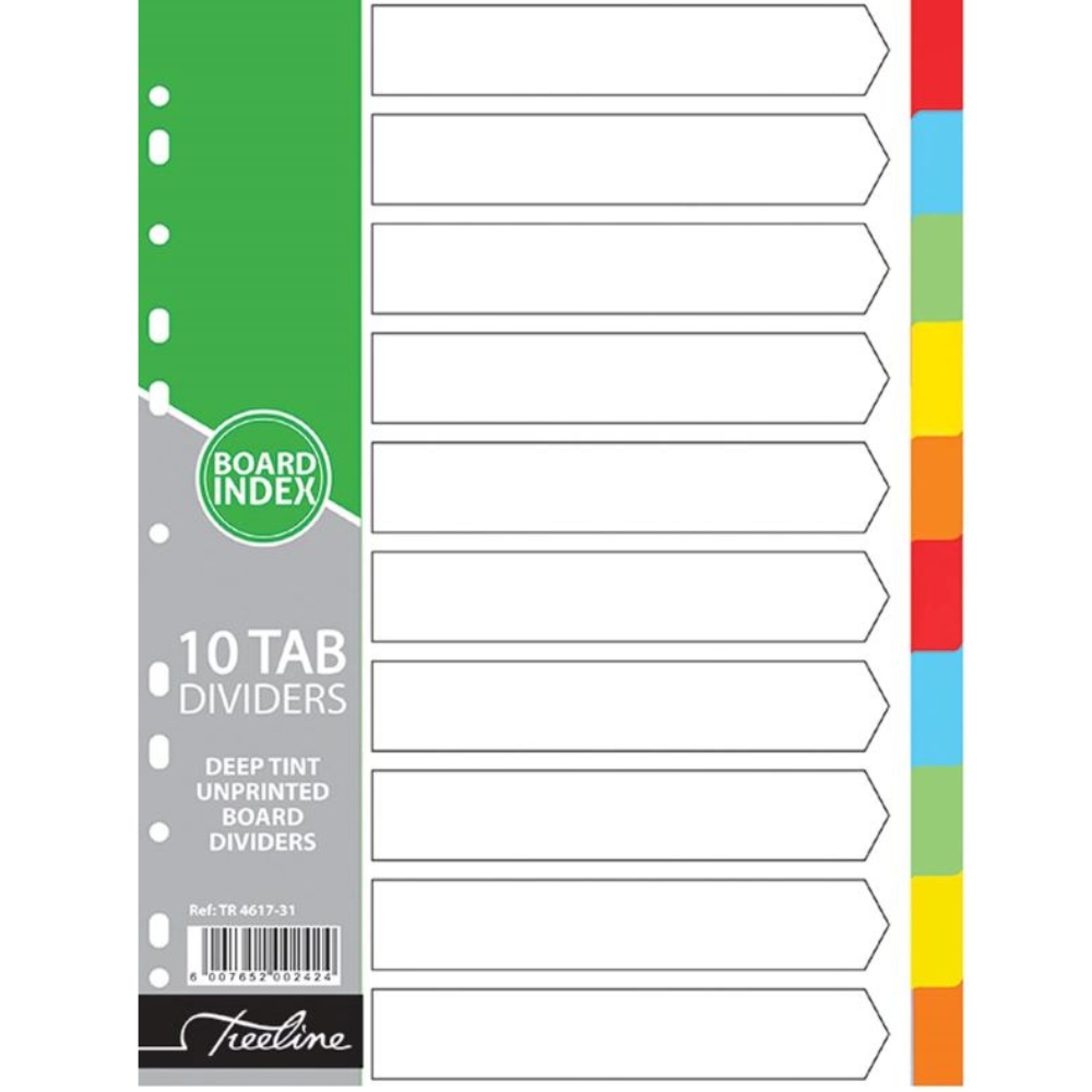 Treeline – 10 Tab Deep Tint Assorted Board Divider Plain – Pack 10