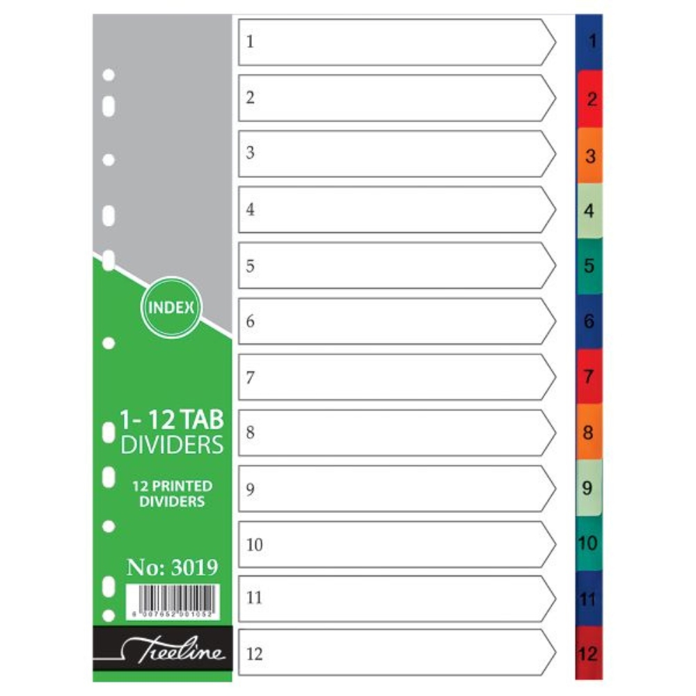 Treeline – A4 Index 1 to 12 Rainbow Dividers A4 PVC – Printed – Pack of 10