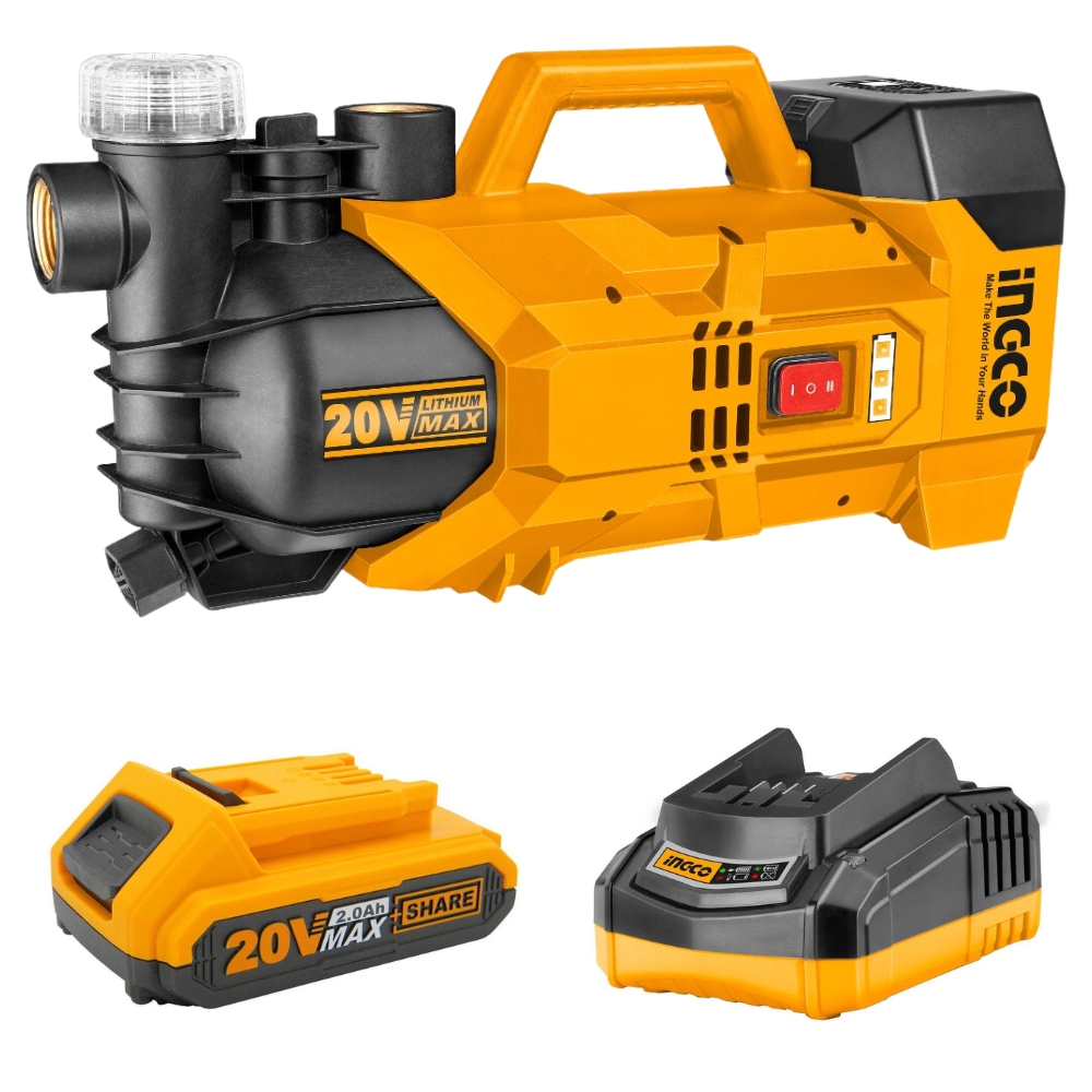 Ingco – Lithium Ion Water Pump (20v) (180w) with 2.0Ah Battery + Charger