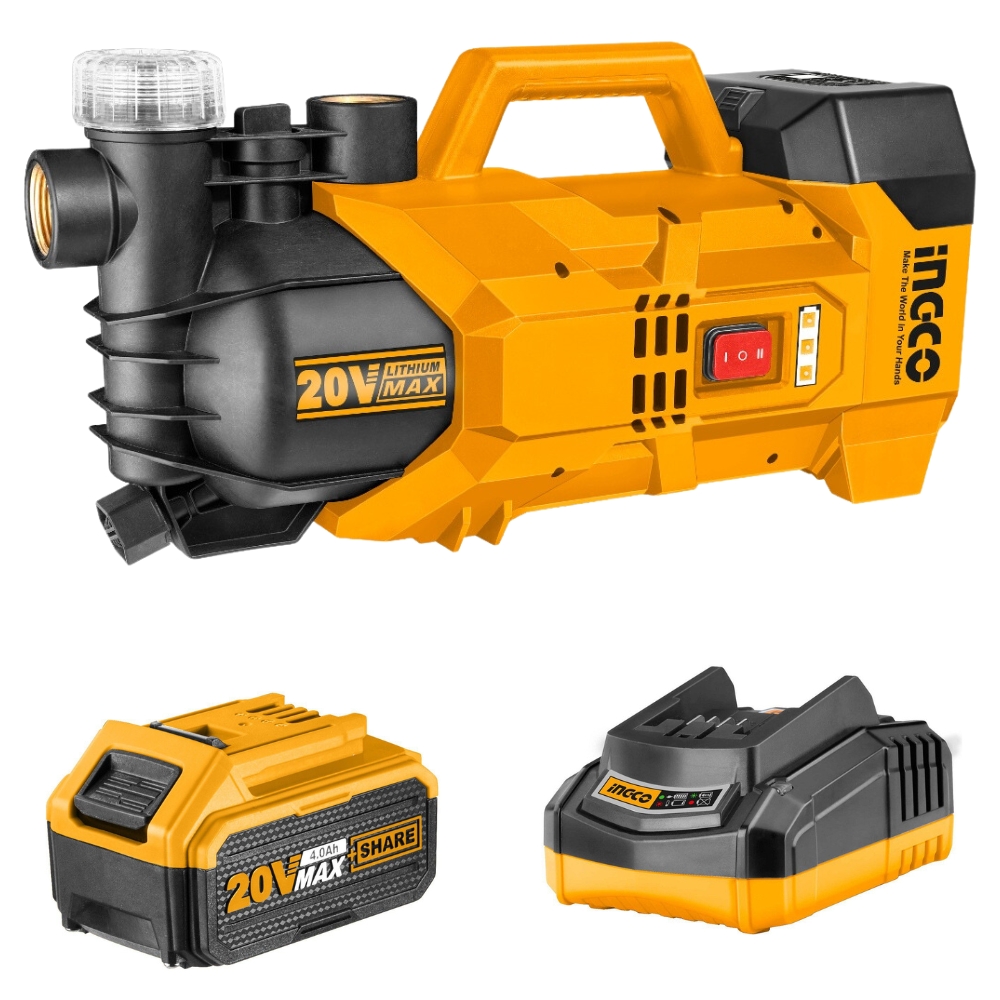 Ingco – Lithium Ion Water Pump (20v) (180w) with 4.0Ah Battery + Charger