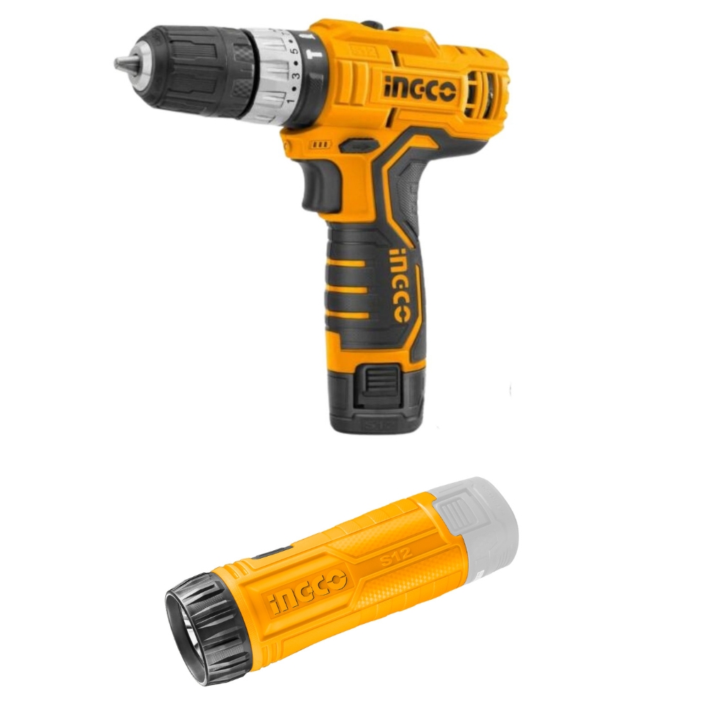 Ingco – Lithium Ion Cordless Drill (20V) + Lithium Ion Flashlight