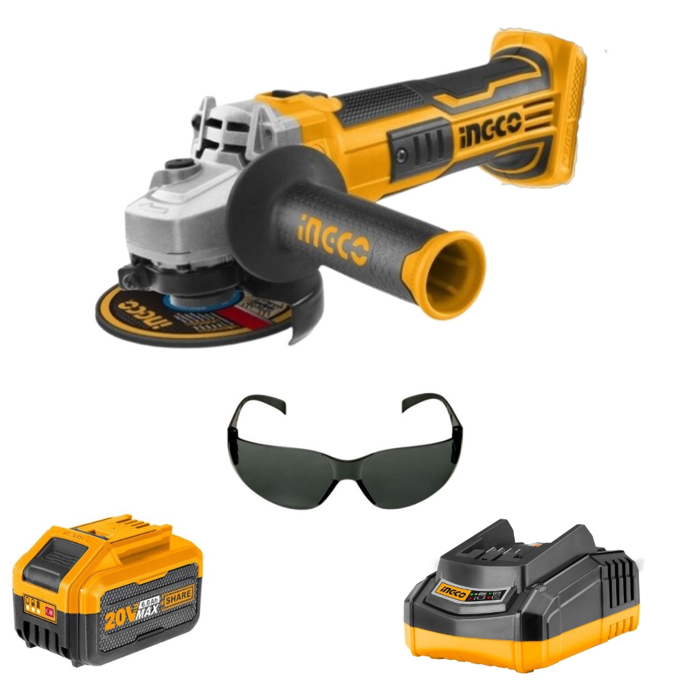 Ingco – Lithium Ion Angle Grinder (20V) & 6.0Ah Battery + Charger & Eyewear