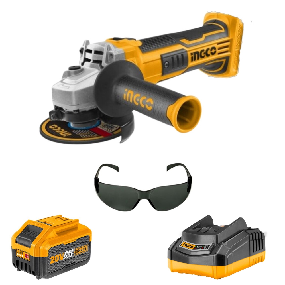 Ingco – Lithium Ion Angle Grinder (20V) & 7.5Ah Battery + Charger & Eyewear