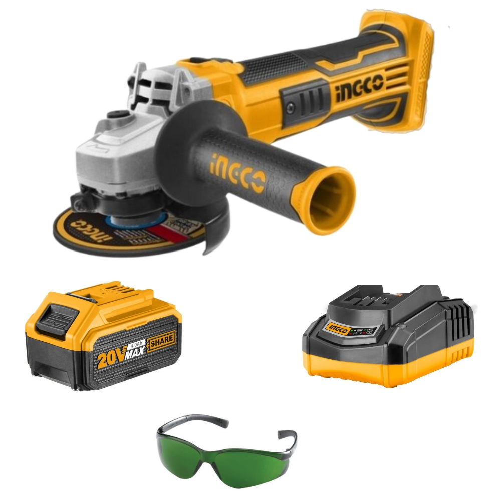 Ingco – Lithium Ion Angle Grinder 20V+ 4.0Ah Battery & Charger + Eyewear
