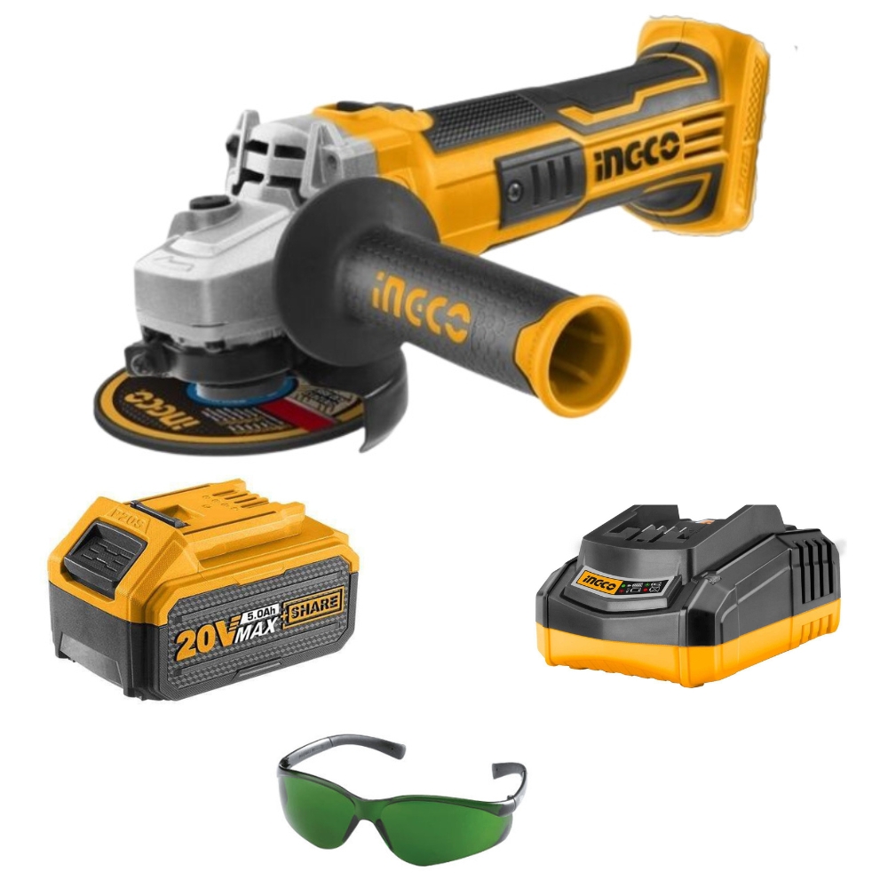 Ingco – Lithium Ion Angle Grinder (20v) & 5.0Ah Battery + Charger & Eyewear