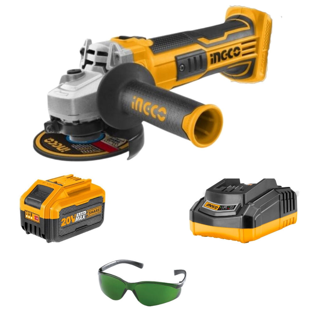 INgco – Lithium Ion Angle Grinder 20v + 6.0Ah Battery & Charger + Eyewear