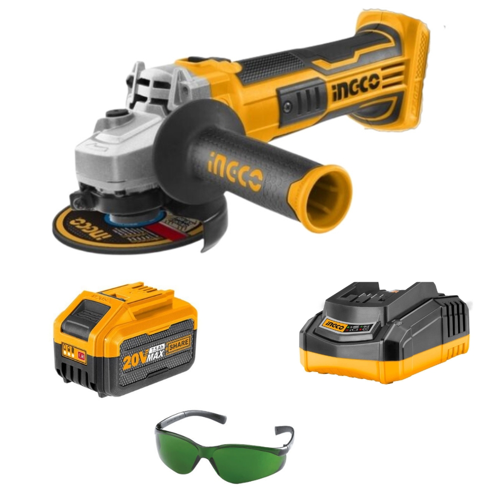 Ingco – Lithium Ion Angle Grinder (20v) + 7.5Ah Battery & Charger + Eyewear