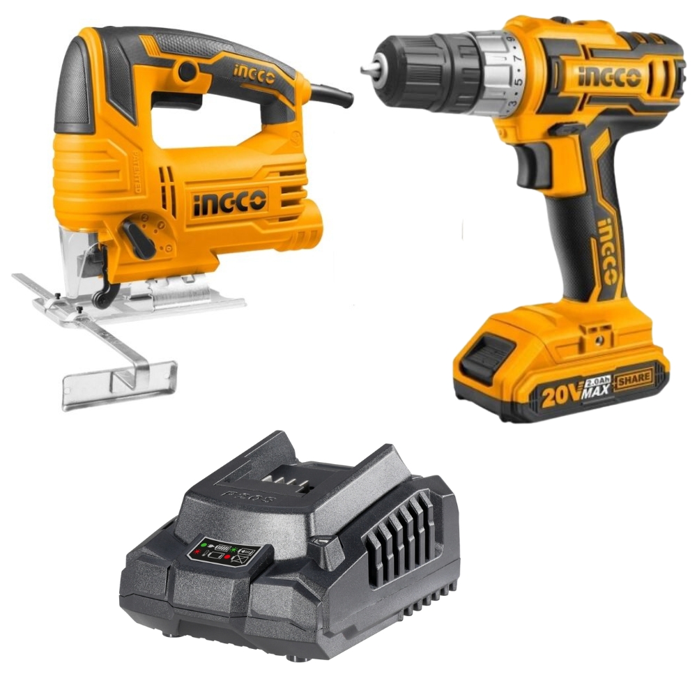 Ingco – Lithium Ion Cordless Drill 20V + Battery & Charger + Jig Saw 570W