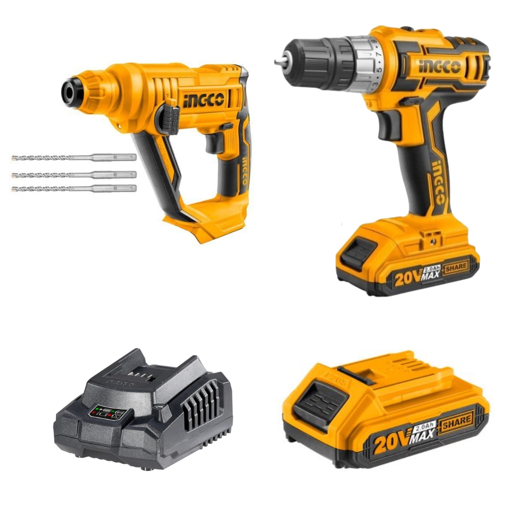 Ingco – Lithium Ion Drill 20v Inc 2x Batteries & Charger with Rotary Hammer