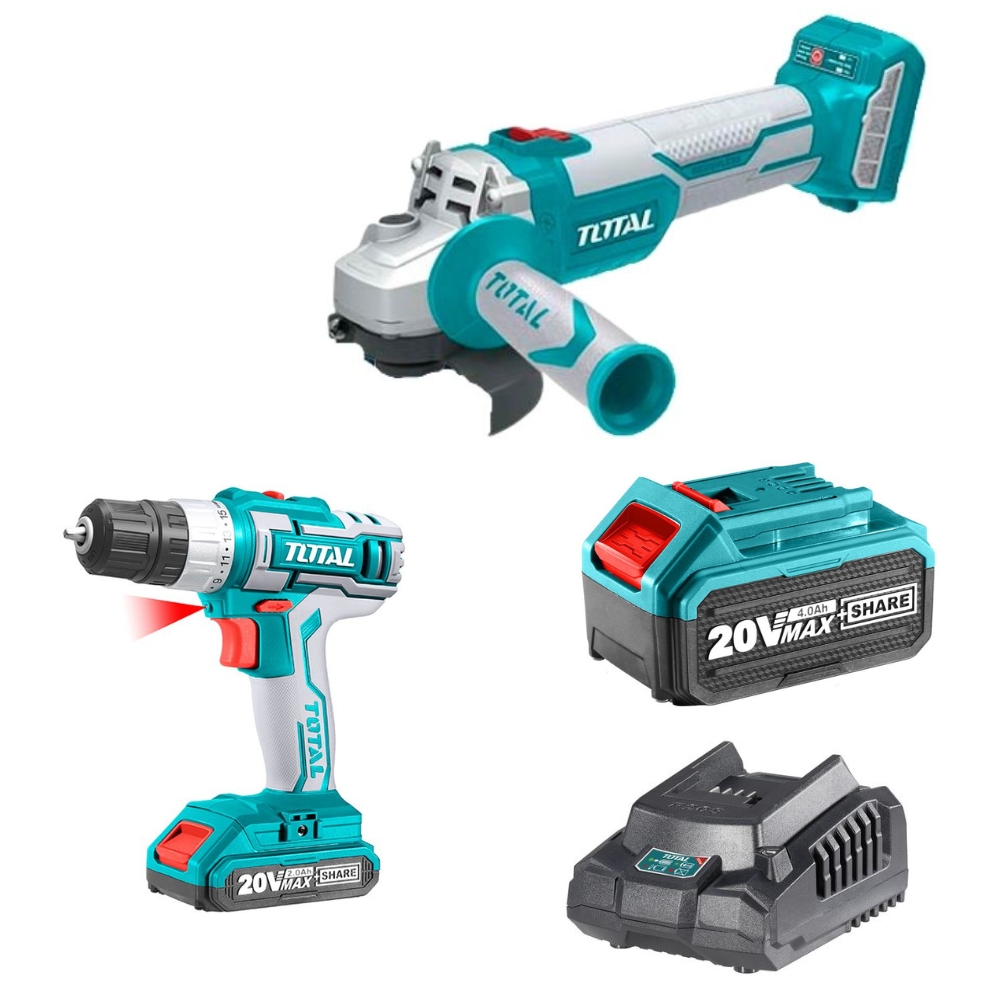 Total – Cordless Angle Grinder and Drill Kit with 4.0Ah Battery