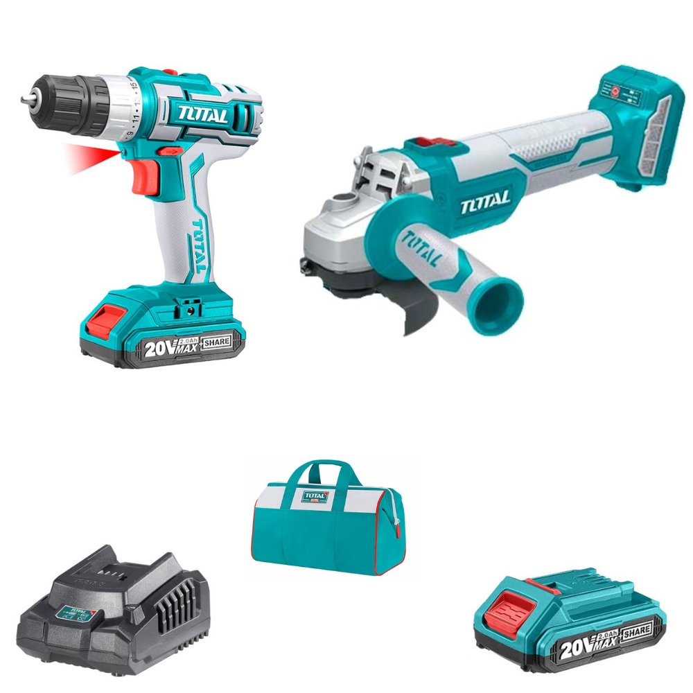 Total Tools – Angle Grinder with Cordless Drill, 2.0Ah & Fast Charger