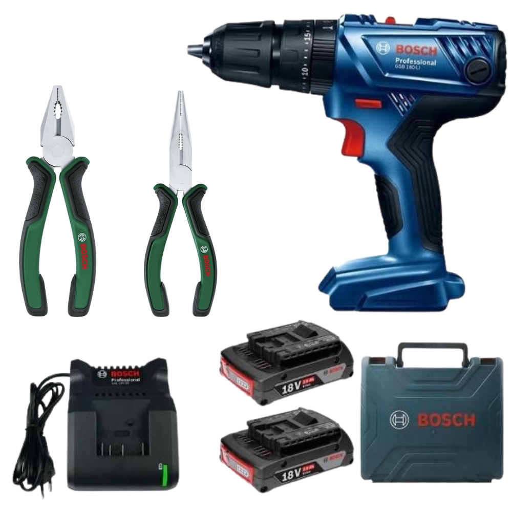 Bosch – GSB 180-LI Cordless 18v Impact Drill with 2-Piece Pliers Set