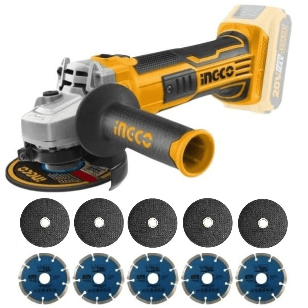 Ingco – Cordless Angle Grinder (20V) including 5 x Discs and 5 x Blades
