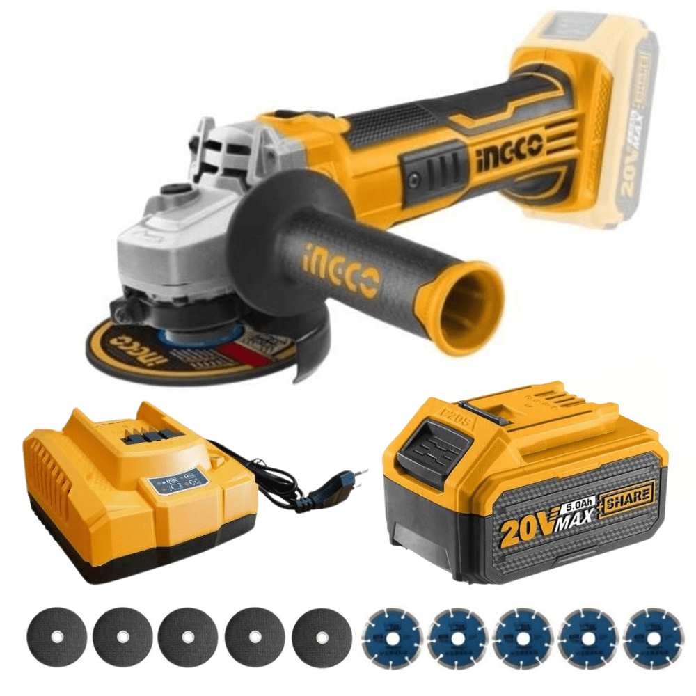 Ingco – Cordless Angle Grinder (20V) with Charger, Battery (5Ah) and Discs
