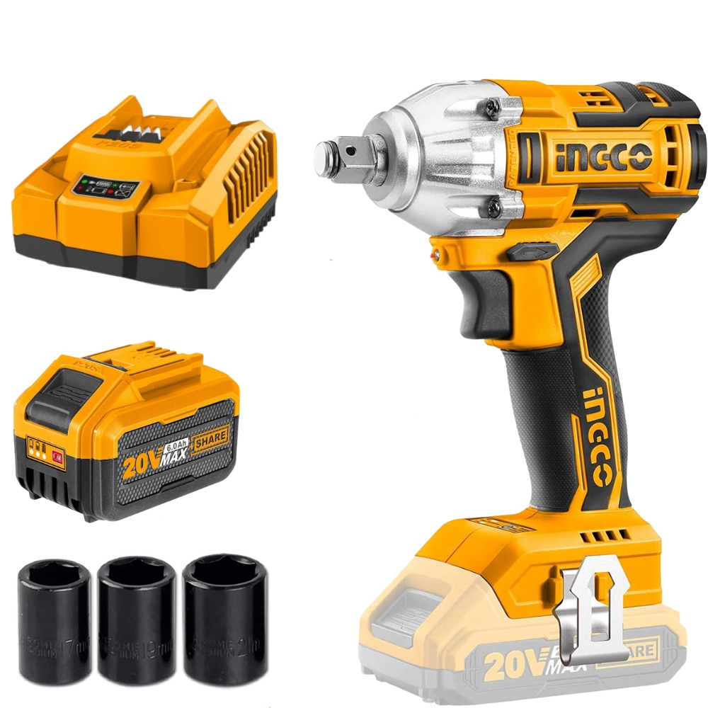 Ingco – Li-Ion Cordless Impact Wrench with Fast Charger and 6.0Ah Battery